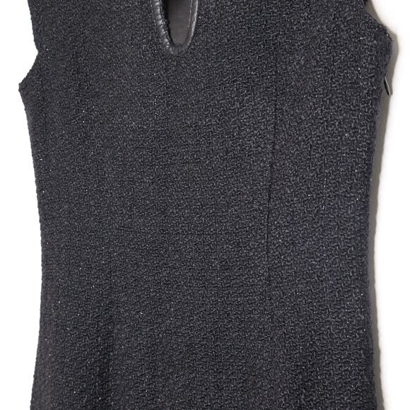 JULIETTE LONGUET Cap Sleeve Tweed Sheath Dress Leather Trim Black Women's 4 - Picture 4 of 11